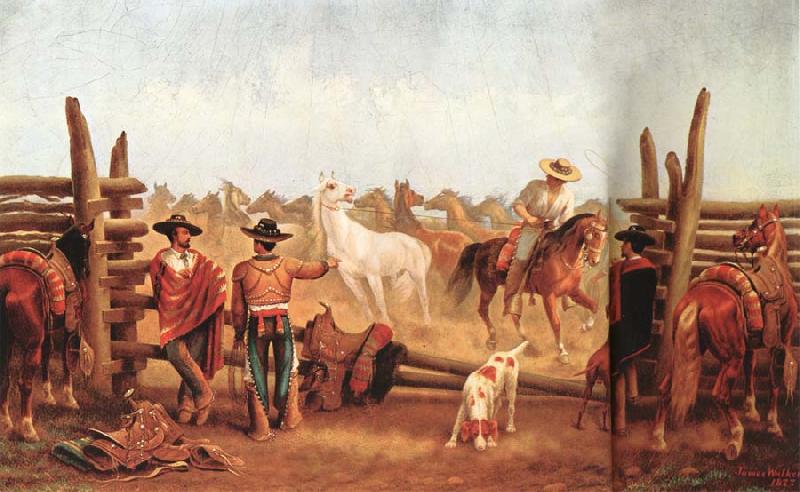 James Walker Vaqueros roping horses in a corral oil painting image